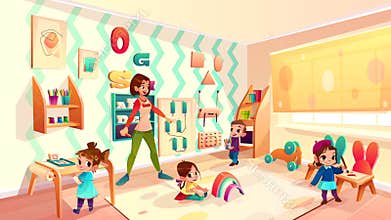 Kids in Montessori school classroom cartoon vector
