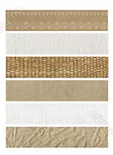 Set of natural fabric banners of various types and colors.