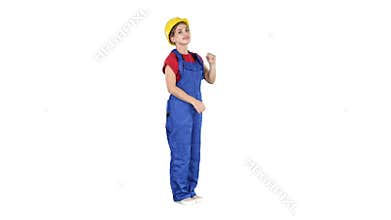 Confident construction worker greet Say hello on white background.