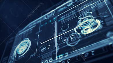 3D Rendering circle hud head up display interface with ui map graph bar element for futuristic cyber technology concept with dark