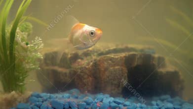 Goldfish in the aquarium at home. Aquarium filer, rock and plants in the background