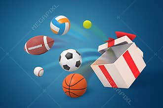 3d rendering of various sport balls jumping out of a big white gift box on blue background.