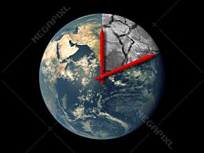 Planet Earth Ecology Death Countdown concept. Red hands clock on Earth running towards natural climate change disaster isolated