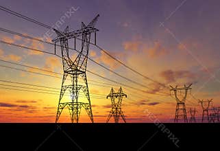 Electricity pylons at sunset