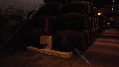 Rows of wine barrels