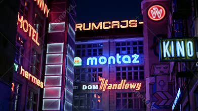 Retro Neon signs in polish language night city