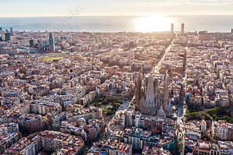 Aerial panoramic view of Barcelona Spain. Barceloneta, beach, sea, cathedral, historic center, gothic quarter