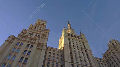 Smooth approach to the building with beautiful architecture. Stalin skyscraper