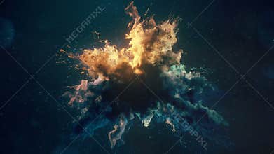 Deep blue yellow color burst colorful smoke explosion fluid particles background