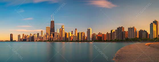 Chicago skyline at sunset viewed from North Avenue Beach