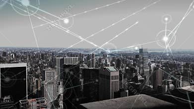 Aerial view of city skyline with data connections