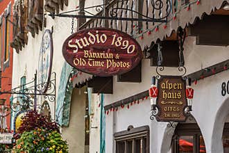 Leavenworth, USA - September 16, 2018: Downtown of small bavarian styled village in the Cascade Mountains