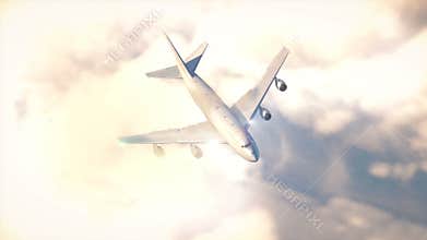 Commercial airplane flying above the clouds