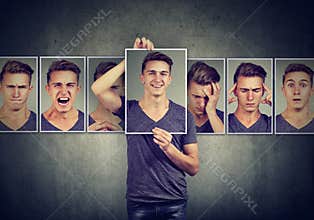 Masked man expressing different emotions