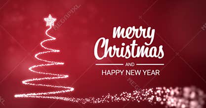 Sparkling lights xmas tree Merry Christmas and Happy New Year greeting message in english on red background,snow flakes