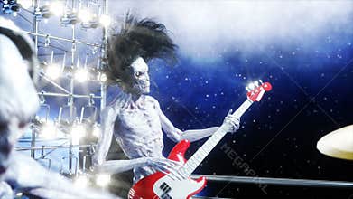 Alien rock party on space ship. Concert. Guitar, bass and drum play. Earth background. Alien funny concept. Realistic 4K