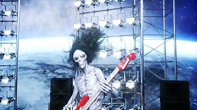 Alien rock party on space ship. Concert. Guitar, bass and drum play. Earth background. Alien funny concept. Realistic 4K