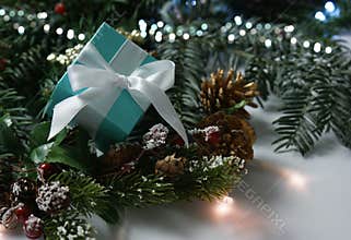 Blue Christmas gift nestled in decorations