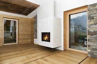 New empty living room interior with fireplace and hardwood floor
