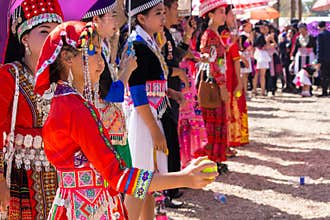 Vientiane Capital, Laos - November 2017: Hmong Girl wearing the Hmong traditional clothes during the Hmong New Year celebration in