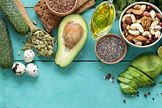 Healthy and nutrition food - avocado, chia and flax seeds