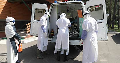 MINSK, BELARUS - JULY 31, 2017: Medical training by Ebola virus protection.