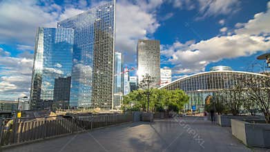 Skyscrapers of La Defense timelapse hyperlapse modern business and financial district in Paris with highrise buildings