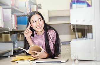 Attractive asian studentwoman lying in between bookshelves