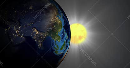 Rotating Earth in Space. Sunrise and Night City Lights