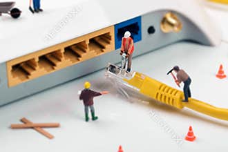It support services. workers repairing internet connection