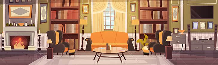 Cozy Living Room Interior Design With Furniture, Sofa, Table Armchairs, Fireplace Bookcase, Horizontal Banner