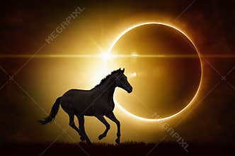 Black horse on total solar eclipse background