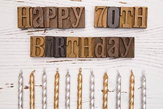 Happy 70th Birthday Spelled in Type Set
