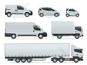 Set of cargo trucks side view. Delivery Vehicles . Cargo Truck and Van. Vector illustration.