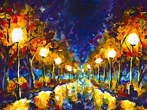 Original expressionism oil painting evening park cityscape, beautiful reflection on wet asphalt on canvas. Abstract violet-orange