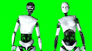 Futuristic humanoid female robot is idle . Realistic motion and reflections. 4K green screen footage.