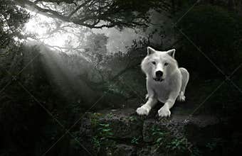 White Wolf, Wildlife, Forest Illustration