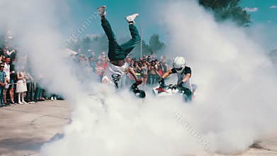 UKRAINE, KANEV, JUNE, 2017:Biggest Ukraine bike festival Tarasova Gora.Men on sports motorcycles make a show, performing