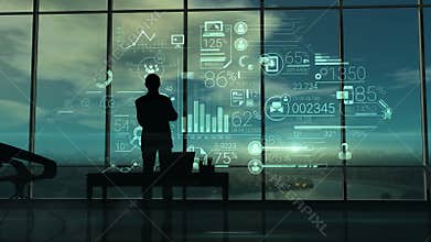 Silhouette of the man in the office and corporate infographic