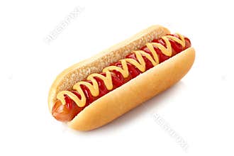 Hot dog with ketchup and mustard on white