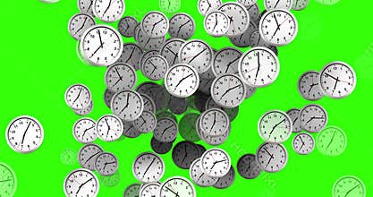 Many clocks flowing, time to wake up for breakfast, modern white metallic alarm clock on chroma key green screen background