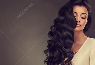 Black haired woman with voluminous, shiny and curly hairstyle.Frizzy hair.