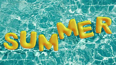 Word `Summer` shaped inflatable swim ring floating in a refreshing blue swimming pool