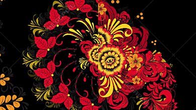Khokhloma Russia of bright red flowers and berries on black background. Animation Khokhloma