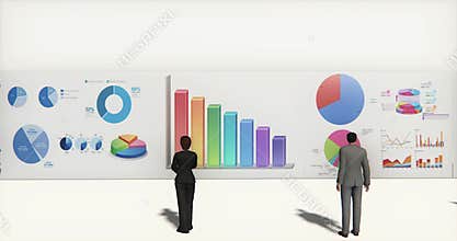 4k business team analyze finance pie charts & stock trend diagrams.