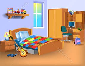 Cartoon child bedroom with computer on desk, toys and electric guitar