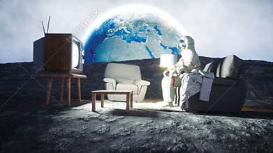 Astronaut home on the moon watching tv . Realistic 4k animation.