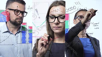 3 in 1 video. Man and woman draws various growth charts, calculating prospects for success in a modern glass office