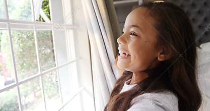 Girl opening window curtain after wake up in bedroom 4k
