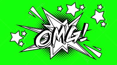 Comic animation of the word omg flies out of the bubble. Green screen